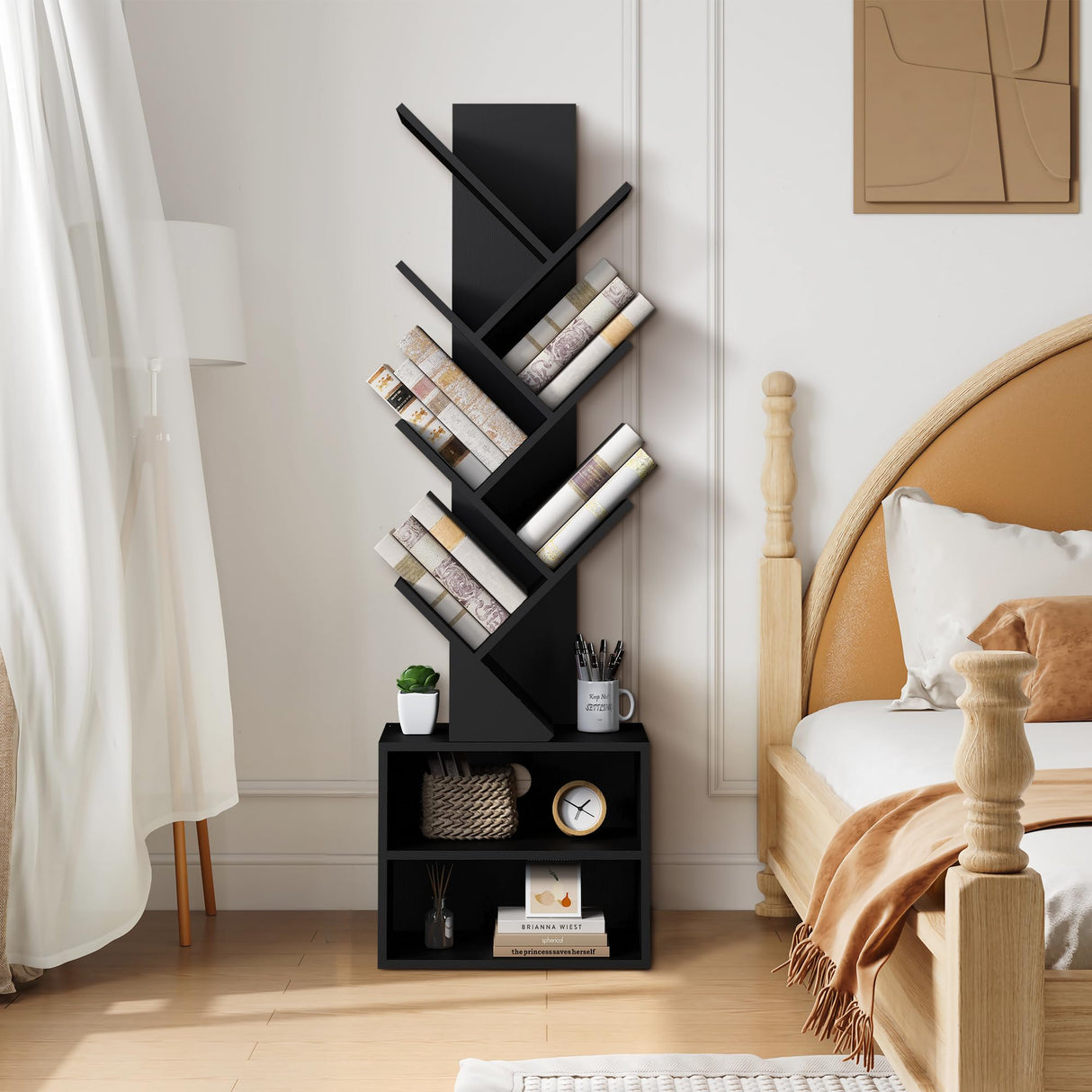 Azaeahom 6 Tier Tree Bookshelf, Wood Bookcase with Storage Cabinet, Modern Tall Narrow Bookshelves Organizer, Floor Standing Book Shelf for Bedroom/Living Room/Home Office/Corner (Black, 6 Tier) Azaeahom