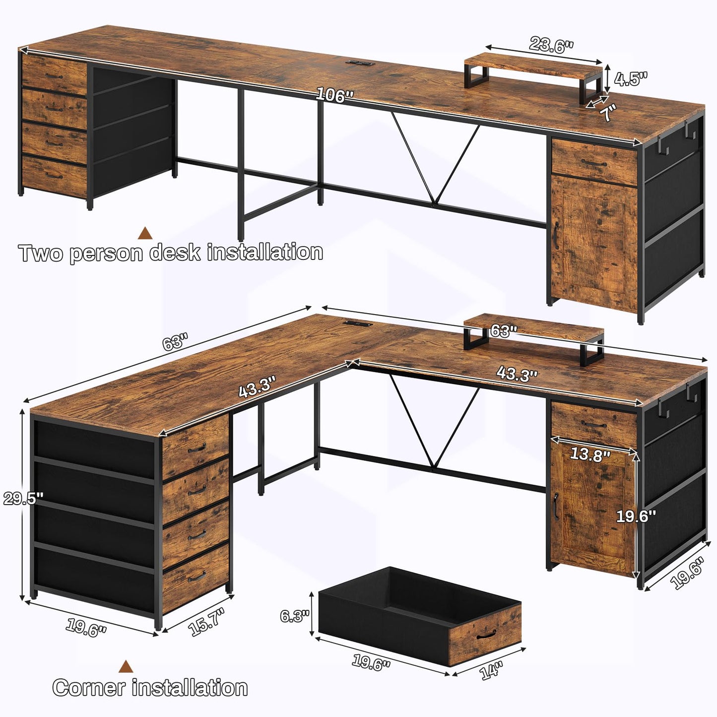 SEDETA L Shaped Desk, 63" Computer Desk with 5 Drawer & Power Outlet, Long Home Office Desk or Corner Desk, L Shaped Corner Desk with Monitor Shelf, Storage Cabinet, Rustic Brown - WoodArtSupply