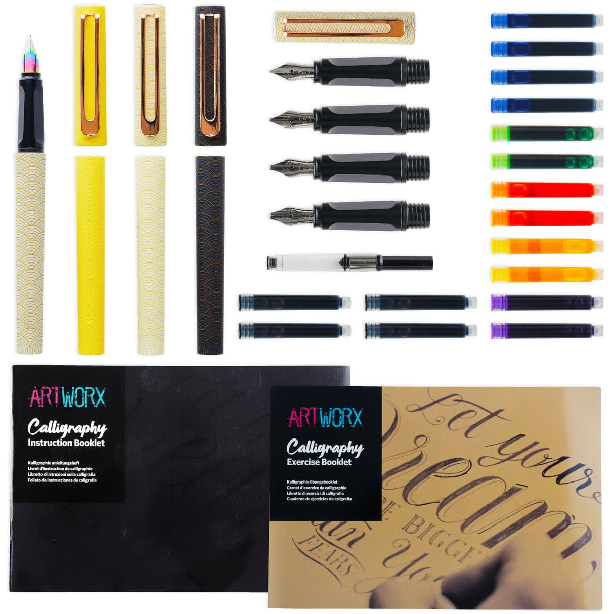 Artworx Calligraphy Pens Set - Introductory Caligraphy Writing & Hand Lettering Kit - Includes Instructions, Guide Book and Practice Book - Calligraphy Set For Beginners Artworx