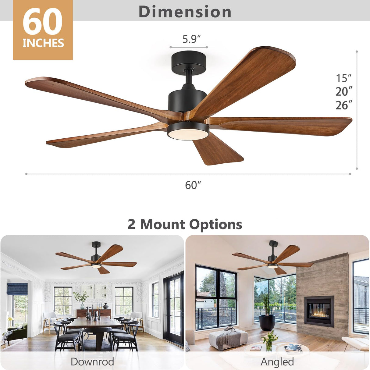 BOOSANT 5 Blade Ceiling Fans with Lights, 60 inch Outdoor Ceiling Fans with Remote Control for Patio Bedroom, Modern Ceiling Fan with Light, 5 Solid Wood Blades 6-Speed Reversible DC Motor(Walnut) BOOSANT