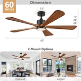 BOOSANT 5 Blade Ceiling Fans with Lights, 60 inch Outdoor Ceiling Fans with Remote Control for Patio Bedroom, Modern Ceiling Fan with Light, 5 Solid Wood Blades 6-Speed Reversible DC Motor(Walnut) BOOSANT