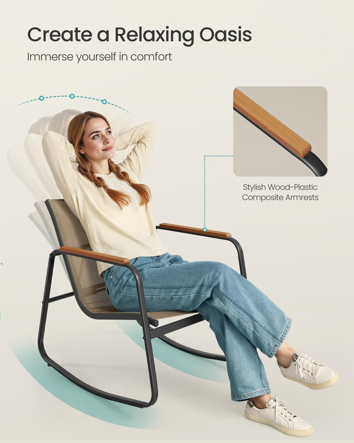 SONGMICS 3-Piece Patio Furniture Set, Garden Coversation Set, 2 Rocking Chairs, Table, Outdoor Lawn Backyard, Steel, with Armrests, Breathable Synthetic Fabric, Yellowish Brown UGGF0027K01 SONGMICS