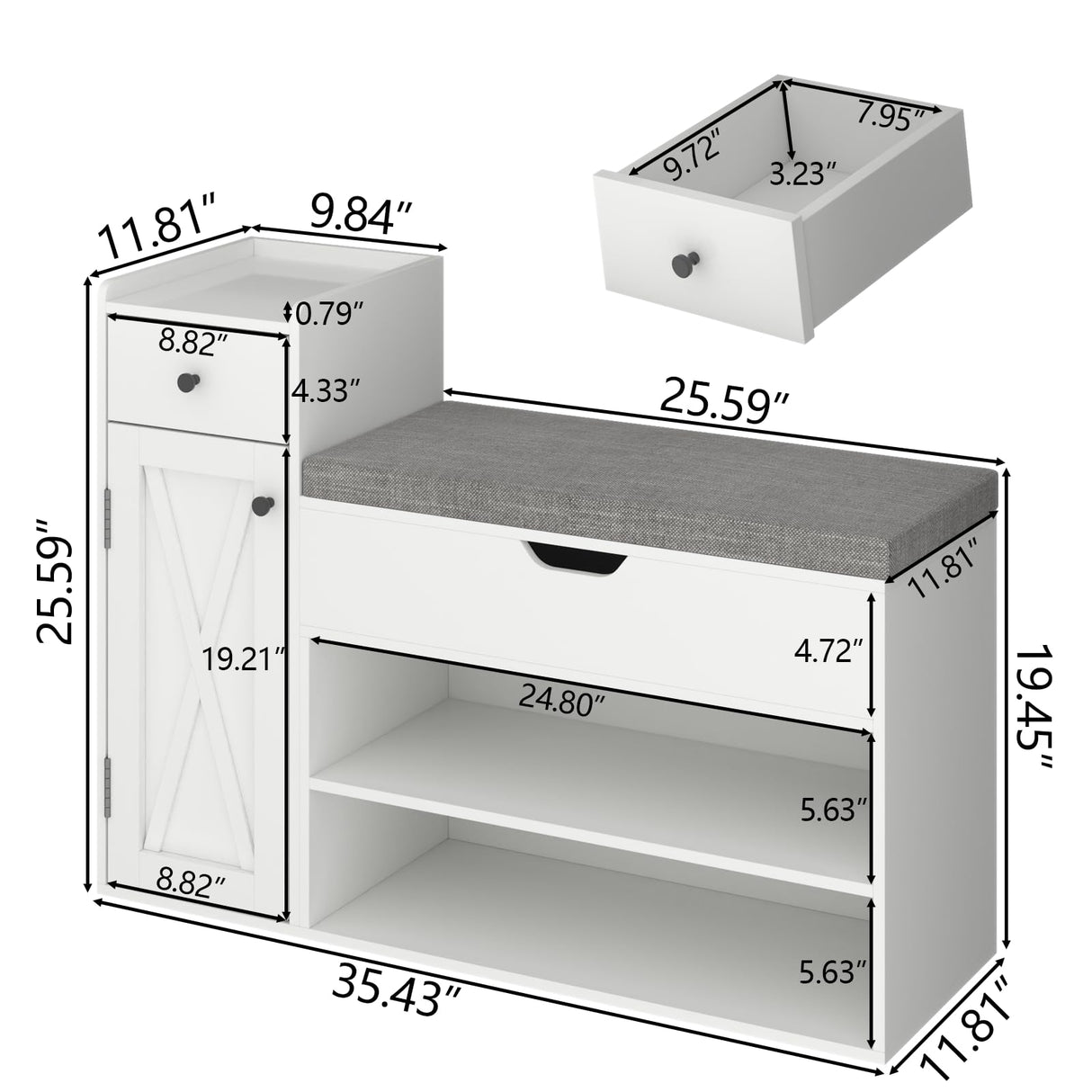 Gyfimoie Shoe Storage Bench, Farmhouse Entryway Bench with Drawer, 2-Tier Shoe Bench with Seat Cushion & Lift Top Storage Box, Slim Shoe Cabinet Bench for Entryway, Living Room, Bedroom (White) Gyfimoie