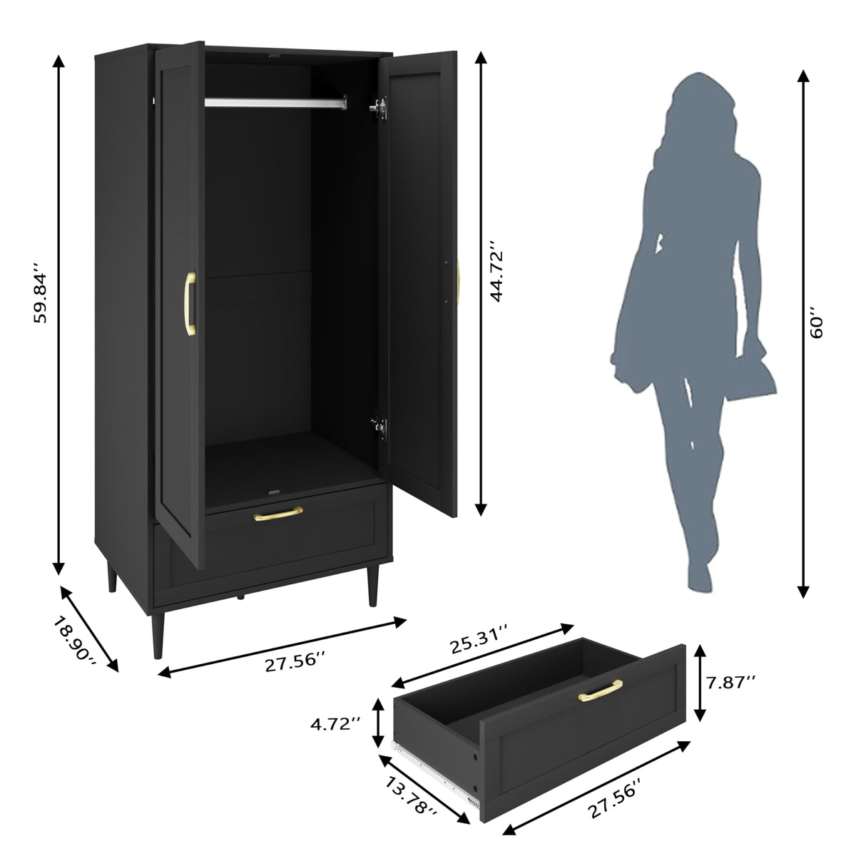 ALBSL Bedroom Armoire Wardrobe Closet with Hanging Rod,60" 2 Door Almirah for Clothes with Drawers,Morden Storage Cabinet,Black ALBSL