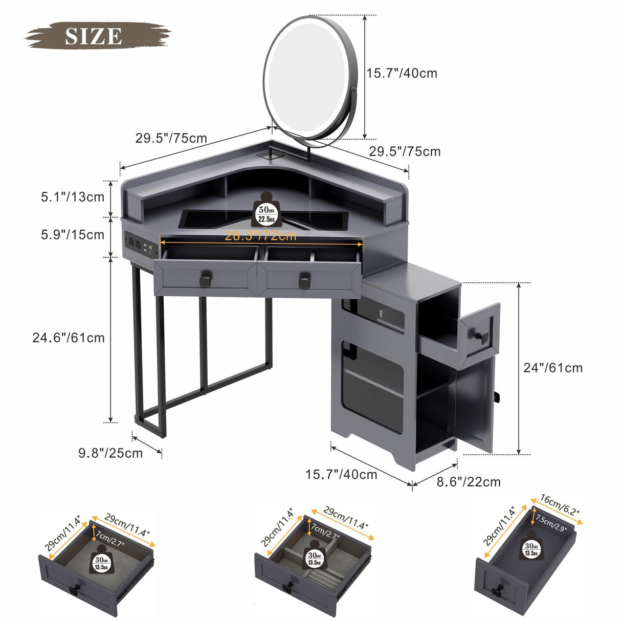 Corner Vanity with Mirror and Lights,Modern Makeup Vanity with Charging Station for Bedroom/Cloakroom,Glass Top Vanity Desk with Drawers and Shelves,Grey Dystler