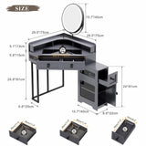 Corner Vanity with Mirror and Lights,Modern Makeup Vanity with Charging Station for Bedroom/Cloakroom,Glass Top Vanity Desk with Drawers and Shelves,Grey Dystler
