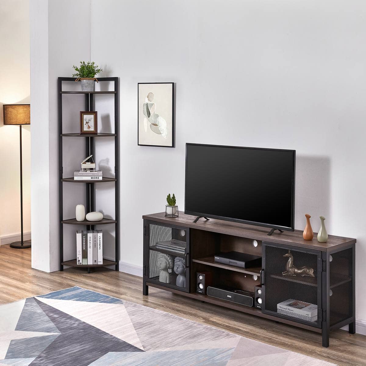 FATORRI Industrial Entertainment Center for TVs up to 65 Inch, Rustic Wood TV Stand, Large TV Console and TV Cabinet for Living Room (60 Inch Wide, Walnut Brown) FATORRI