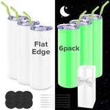 FASTSUB Glow in the Dark Sublimation Tumblers 20 oz Blank Bulk Luminous Cups Straight Stainless Steel Double Wall Vacuum Insulated with Lids and Straws for Tumbler Heat Press White Turn Green 6 Pack FASTSUB