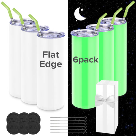 FASTSUB Glow in the Dark Sublimation Tumblers 20 oz Blank Bulk Luminous Cups Straight Stainless Steel Double Wall Vacuum Insulated with Lids and Straws for Tumbler Heat Press White Turn Green 6 Pack FASTSUB