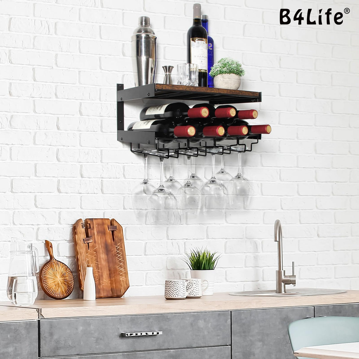 B4Life Wine Rack Wall Mounted with Stemware Rack, Wine Glass Rack Wall Mounted,Holds 8 x Glasses and 7 x Wine Bottles, Wall Wine Rack with Wine Glass Holder B4Life