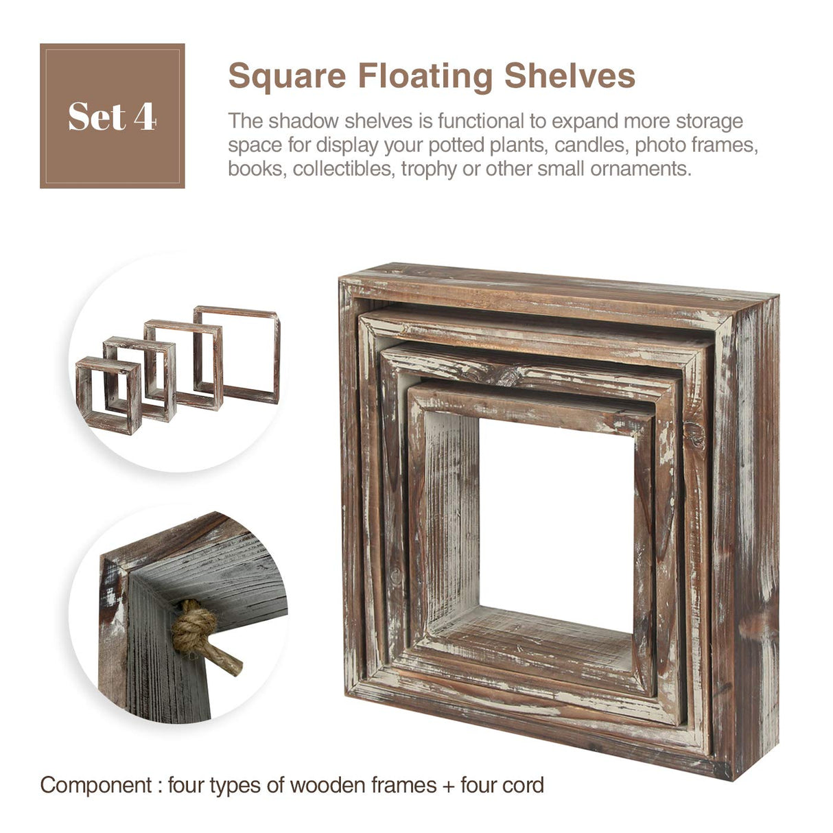 J JACKCUBE DESIGN Wall Decor Floating Hanging Square Shelves Wall Mounted Rustic Wood Cube Display Shelf Shadow Boxes Decorative Boho Home Décor for Living Room, Bedroom, Office, Set of 4 - MK571A J JACKCUBE DESIGN