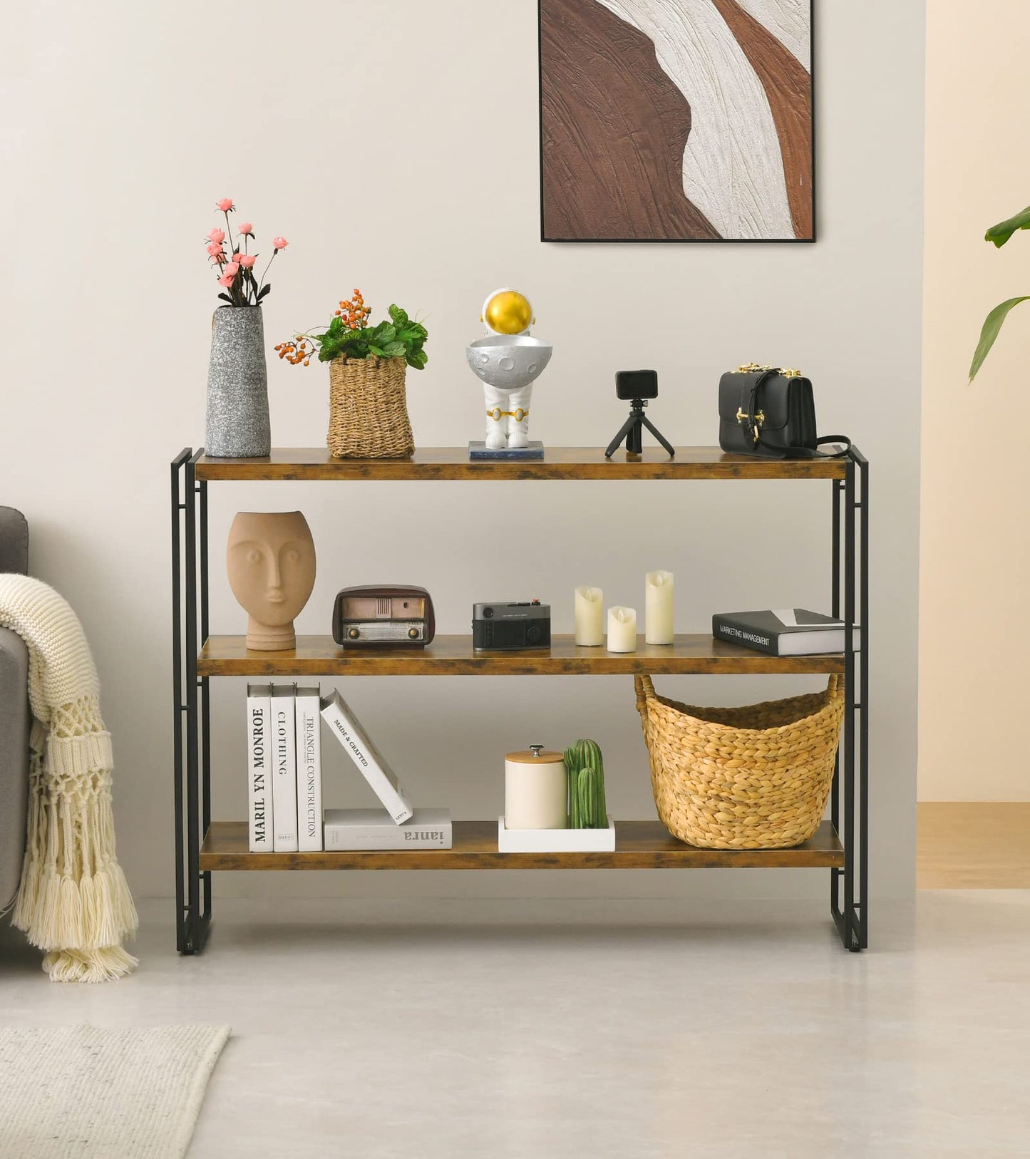 3-Tier Rustic Wood and Metal Industrial Bookshelf for Home Office, Bedroom, Kitchen, Bathroom - 47in
