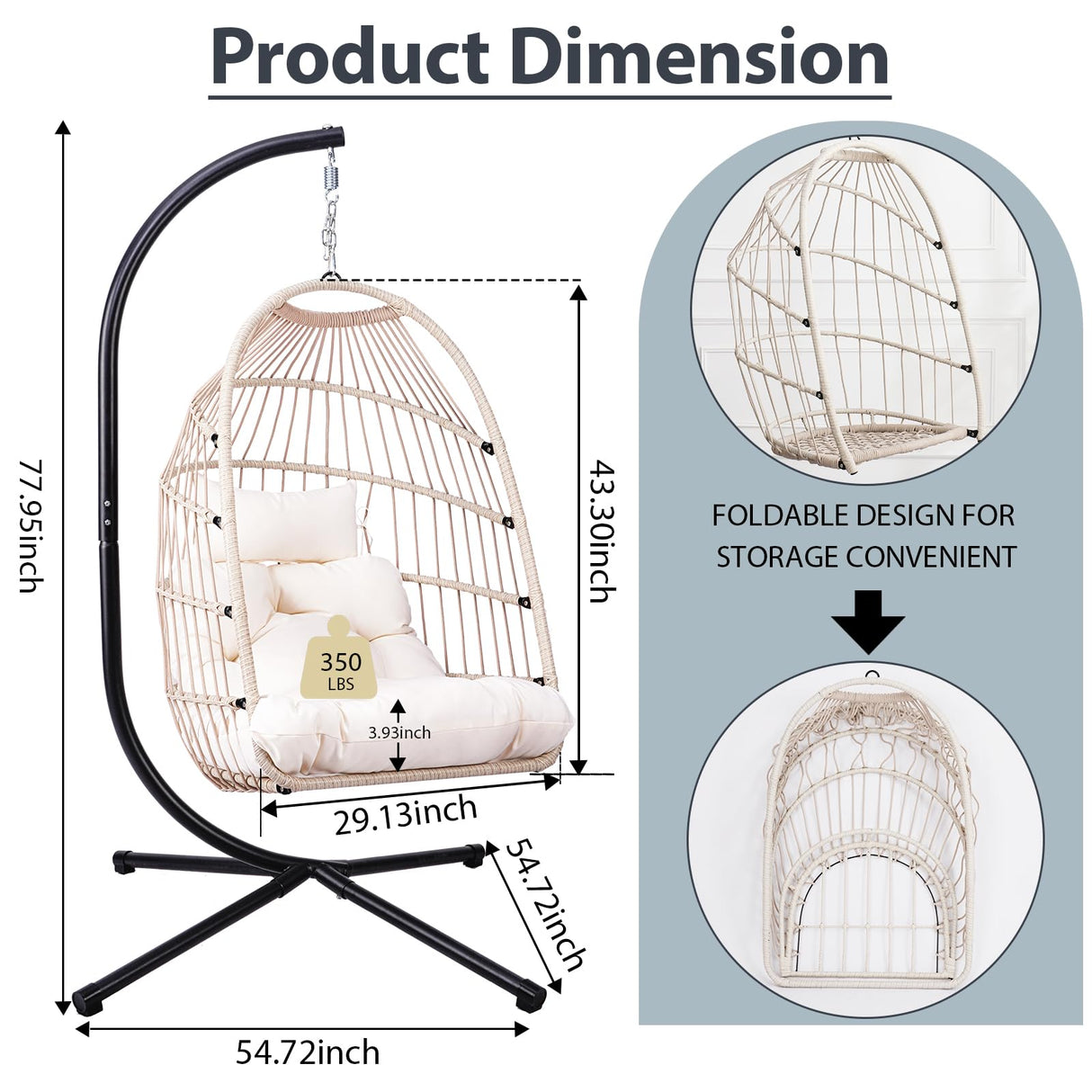 Swing Egg Chair with Stand, Foldable Hanging Egg Chair, Heavy Duty Frame & HDPE Rattan Hanging Basket with UV Resistant Cushions for Indoor Outdoor Porch Garden, 350Lbs Capacity (White) A ALFRESCOOL