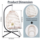 Swing Egg Chair with Stand, Foldable Hanging Egg Chair, Heavy Duty Frame & HDPE Rattan Hanging Basket with UV Resistant Cushions for Indoor Outdoor Porch Garden, 350Lbs Capacity (White) A ALFRESCOOL