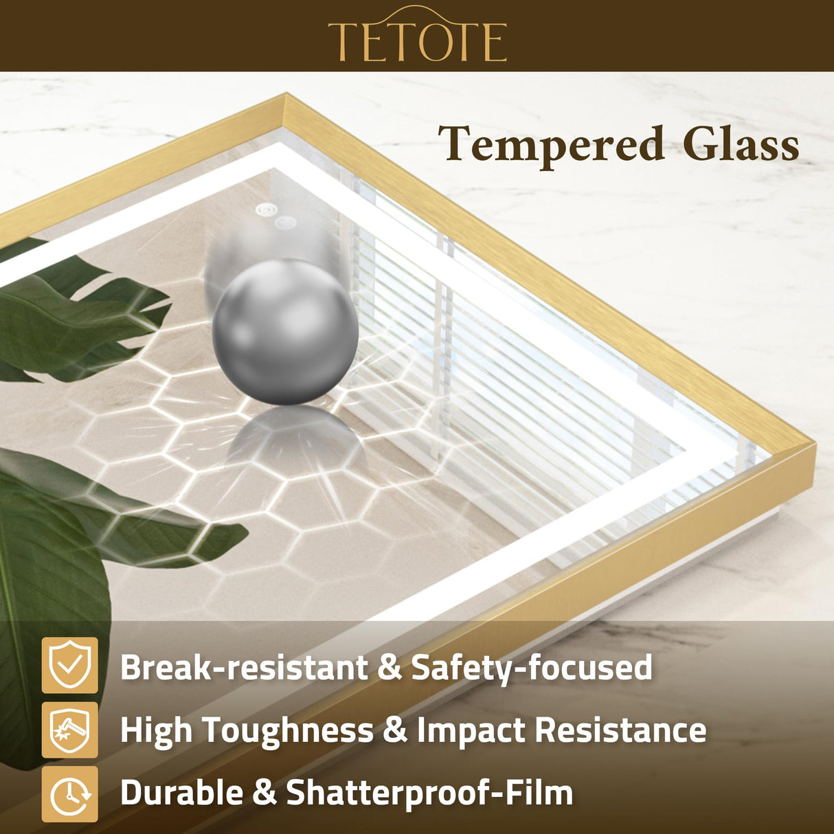 TETOTE 22 x 30 Bathroom LED Mirror Brushed Gold Metal Frame Frontlit & Backlit Vanity Mirror Anti-Fog Stepless Dimmable 3 Colors White/Warm/Natural Mirror with Lights Wall-Mounted TETOTE