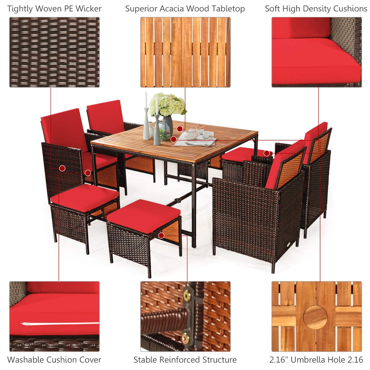 COSTWAY 9PCS Patio Rattan Dining Set Cushioned Chairs Ottoman Wood Table Top Red