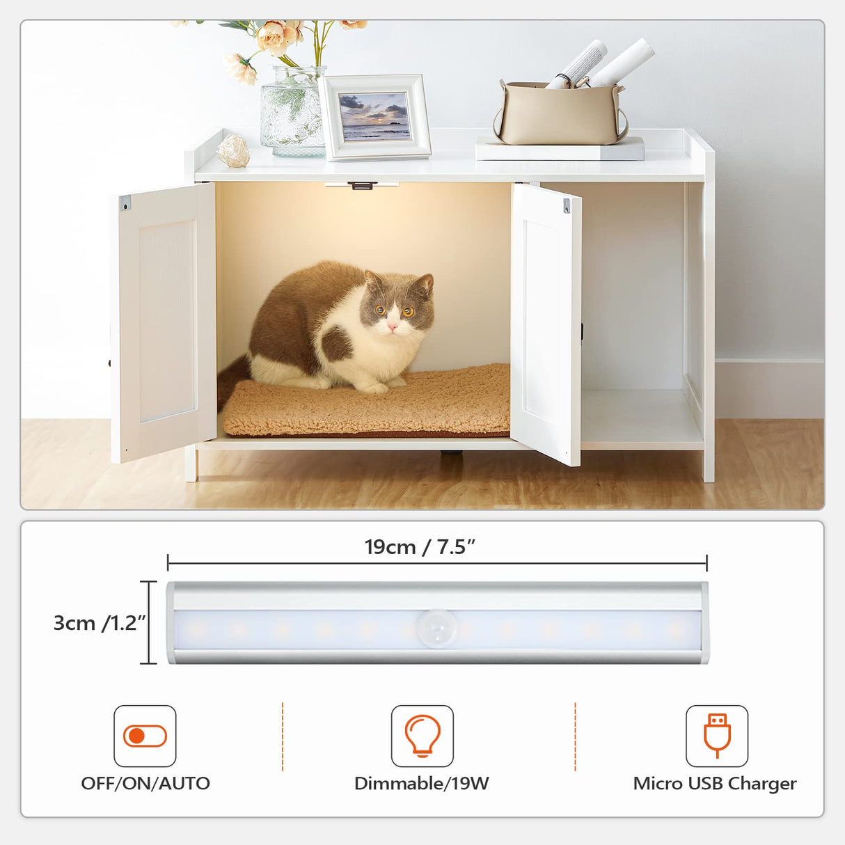 MAHANCRIS Cat Litter Box Enclosure, Hidden Litter Box Furniture with Divider, Wooden Cat Washroom Storage Cabinet Bench, Indoor Cat House as Table Nightstand, for Living Room, Bedroom, White CWWT2501 MAHANCRIS