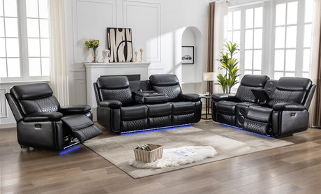 Power Recliner Sofa Set 3 Piece with Bass Speakers for Living Room,Faux Leather 3 Seater Reclining Couch with Wireless Charger and Loveseat Theater Seating,Electric Recliner Chair with LED Light,Black Comfort Stretch