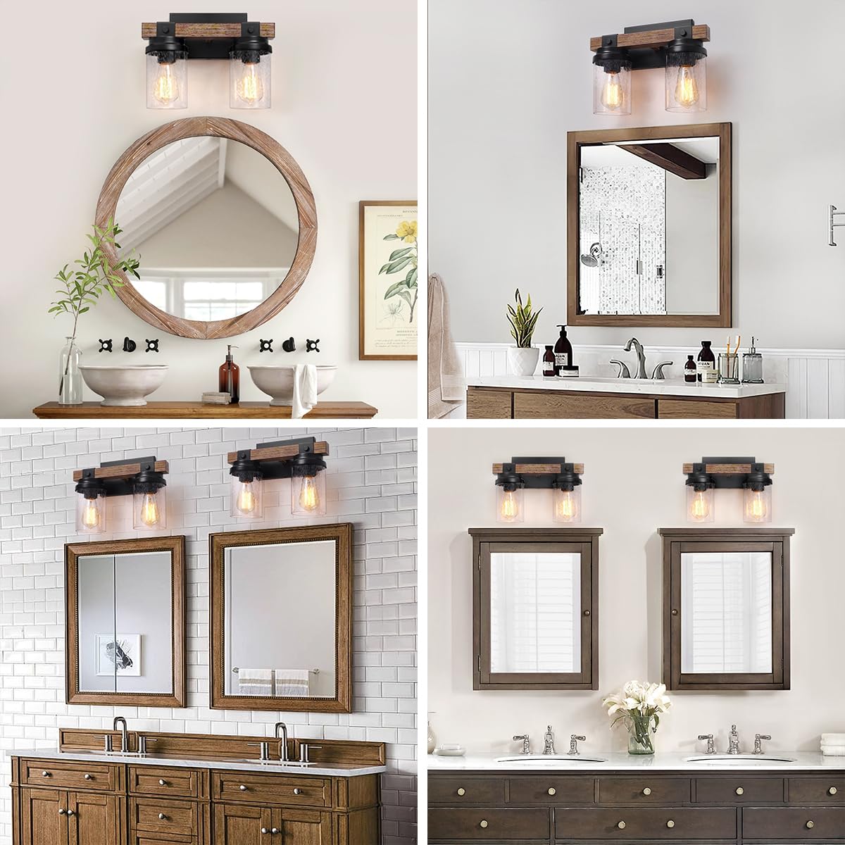 2-Light Farmhouse Vanity Lights for Bathroom, Rustic Bathroom Light Fixtures with Pretty Glass Shade, Black Industrial Wood Grain Wall Sconce for Bathroom Hallway Bedroom - WoodArtSupply