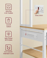VASAGLE Bakers Rack with Charging Station, Coffee Bar with Adjustable Storage Shelves, Fabric Drawer, 12 Hooks, 15.7 x 31.5 x 71 Inches, Kitchen Microwave Stand, Golden Oak and Cloud White UKKS015Y03 VASAGLE