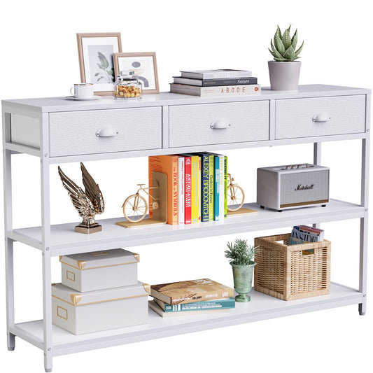 White 47" Console Sofa Table with 3 Drawers and Multi-Tier Storage Shelves for Entryway and Living Room - WoodArtSupply