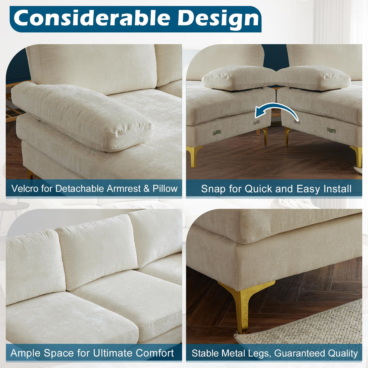 VINGLI 110" Large U-Shape Sectional Sofa Couch with 51" D Double Chaise for Living Room, Modern Sectional Couch Set with Soft 5.9" Thickness Seating Padding, Chenille Fabric,Metal Gold Legs(Beige) VINGLI