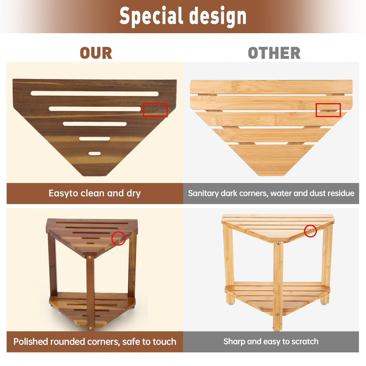 IBosins 16in Shower Foot Rest Corner Shower Stool for Shaving Legs with Storage Shelf Small Bench for Inside Shower to Sit on Bath Seat - Acacia Wood IBosins