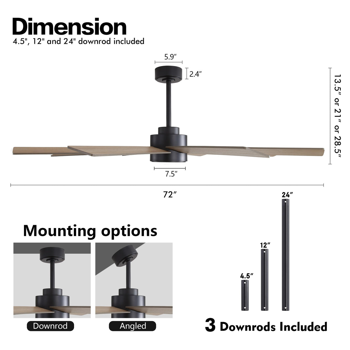 WINGBO 72" Large DC Ceiling Fans without Lights, 3 Downrods, 8 Plywood Blades, 6-Speeds Reversible DC Motor, Indoor Ceiling Fan No Lights for Bedroom Living Room Patio, Black and Gray WINGBO