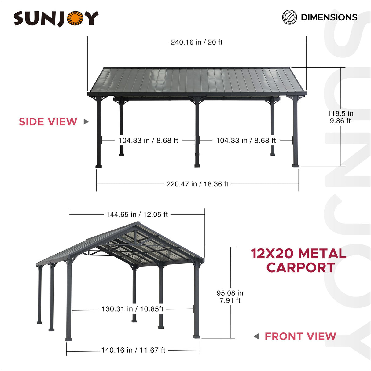 Sunjoy Carport 12 ft. x 20 ft. Outdoor Gazebo Heavy Duty Garage Car Shelter with Powder-Coated Steel Roof and Frame by AutoCove, Gray and Dark Gray Sunjoy