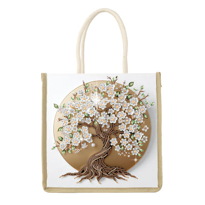 DIY Diamond Painting Canvas Tote Bag with Blooming Tree and White Flowers, Crystal Diamond Art Handbag for Adults, Reusable Hand Storage Bag with Handles, Portable Storage Bag for Woman Man
