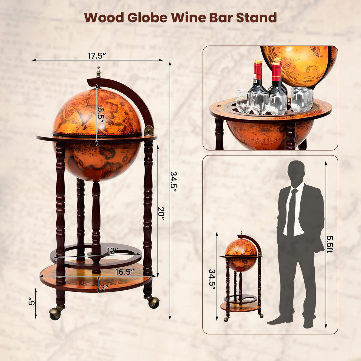COSTWAY Globe Wine Bar Cabinet, Italian Replica Bar Cart with Wheels and Liquor Bottle Shelf, Solid Wood Wine Bar Stand for Home, Kitchen, Bar, Pub (Brown) COSTWAY