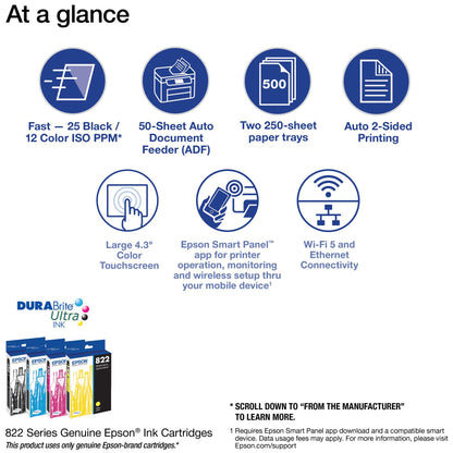 Epson Workforce Pro WF-4833 Wireless All-in-One Color Inkjet Printer, Black - Print Scan Copy Fax - 25 ppm, 4800 x 2400 dpi, 4.3" Touchscreen, Auto 2-Sided Printing, 50-Sheet ADF, 500-Sheet, Ethernet