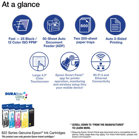 Epson Workforce Pro WF-4833 Wireless All-in-One Color Inkjet Printer, Black - Print Scan Copy Fax - 25 ppm, 4800 x 2400 dpi, 4.3" Touchscreen, Auto 2-Sided Printing, 50-Sheet ADF, 500-Sheet, Ethernet Epson