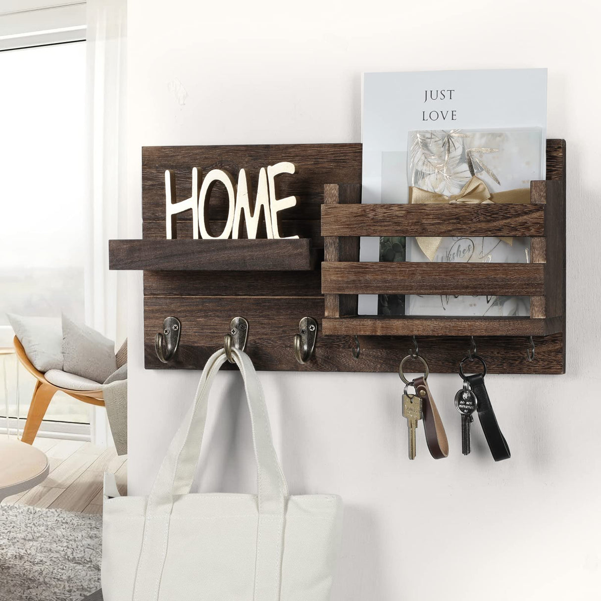 Lwenki Mail Organizer for Wall Mount – Key Holder with Shelf Includes Letter Holder and Hooks for Coats, Dog Leashes – Rustic Wood with Flush Mounting Hardware (16.5” x 8.7” x 3.5”) Lwenki