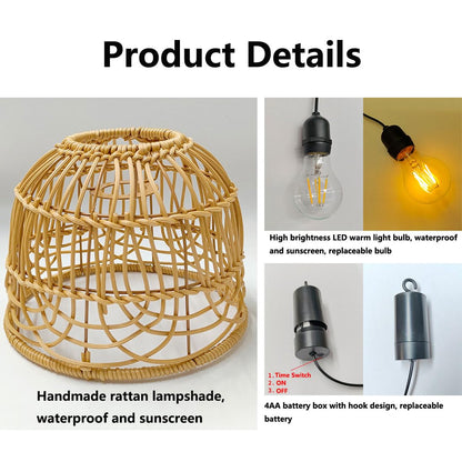 Outdoor Pendant Light Chandelier for Gazebo Battery Operated Boho Hanging Lamp Bamboo Handmade Rattan Decorative Lights LED Lantern Bulb Powered by 4*AA Batteries for Porch Patio Backyard Dec - WoodArtSupply