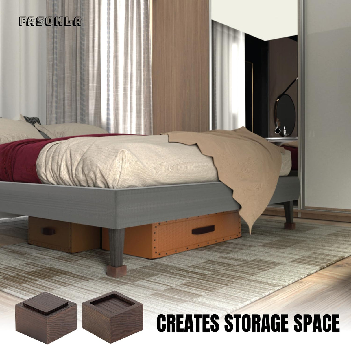 FASONLA Bed Risers (Set of 4) Furniture Risers Lifts Height 2", Oak Solid Wood Risers for Bed, Furniture, Table, Sofa, Chair Risers with Non-Slip Recessed Hole (4pcs-2" Hight-Walnut Color) FASONLA