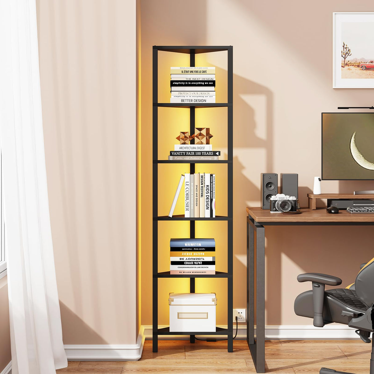 TUTOTAK Corner Shelf with LED Light, 6-Tier Corner Bookshelf for Small Space, Narrow Display Corner Shelf Stand with Storage Rack, for Living Room, Bedroom, Black BS05BK006L TUTOTAK