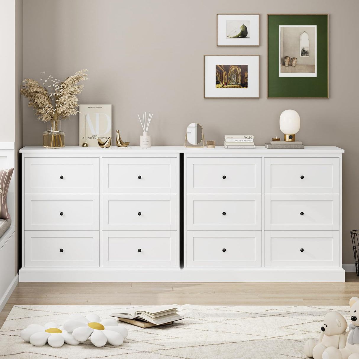 FOTOSOK White Dresser, 6 Drawer Dresser White, Modern Double Chest with Deep Drawers, Wide Storage Organizer Cabinet for Living Room Home FOTOSOK