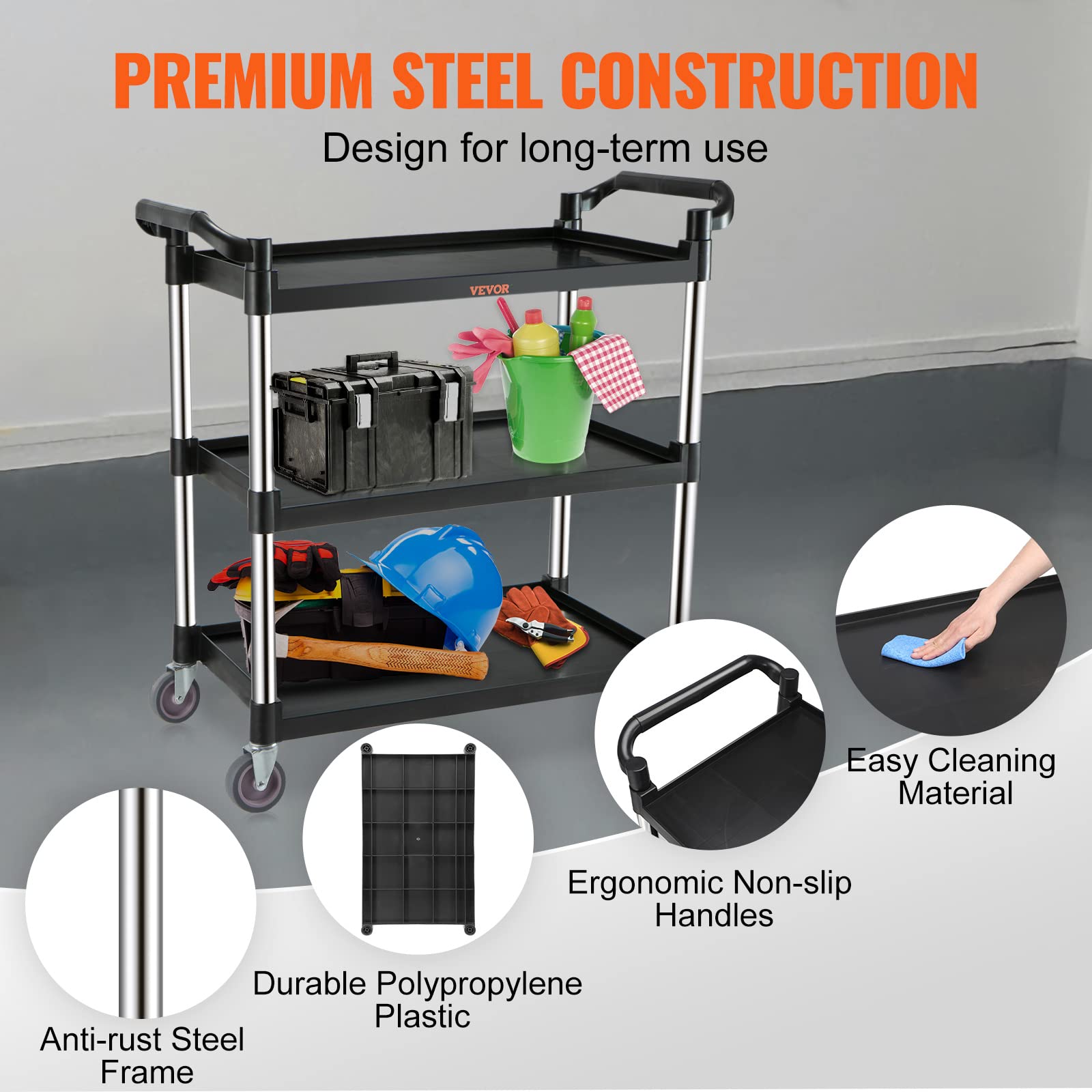 VEVOR Utility Service Cart, 3 Shelf Heavy Duty 154LBS Food Service Cart, Rolling Utility Cart with Lockable Wheels, 32.7" x 15.7" x 37.4" Plastic - WoodArtSupply