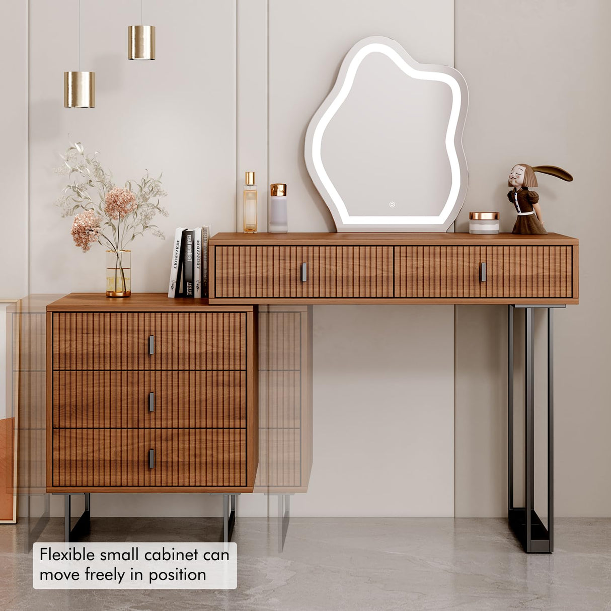 Ieejdn Vanity Desk with Mirror and Lights,Small Makeup Vanity with 5 Large Drawer, Makeup Desk with 3 Color Lighting Modes Adjustable Brightness,Dressing Table for Bedroom,Brown Ieejdn