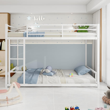 QSOSTNS Twin Over Twin Bunk Bed, Metal Low Profile Bunkbed with Side Ladder, Heavy-Duty Sturdy Metal, Noise Reduced, Safety Guardrail, No Box Spring Needed (White) QSOSTNS