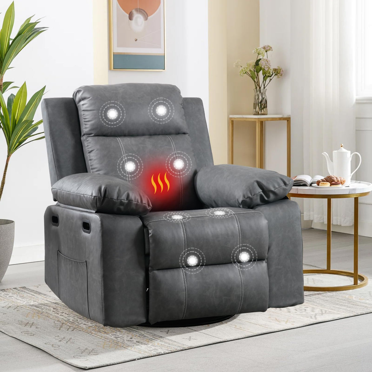 Massage Recliner Chair for Adults,360 Degree Manual Swivel Rocker Recliner with Heat and Vibration,PU Leather Glider Rocking Reclining Chair for Home Theater Seating,Lounge,Nursery,Living Room(Grey) JEEOHEY