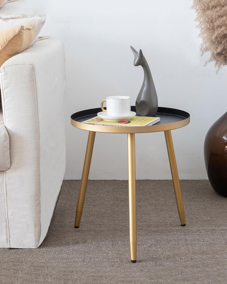 AOJEZOR Side Table: End Table for Any Room - Round Side Tables for Small Spaces - Black Top with 3 Gold Legged AOJEZOR