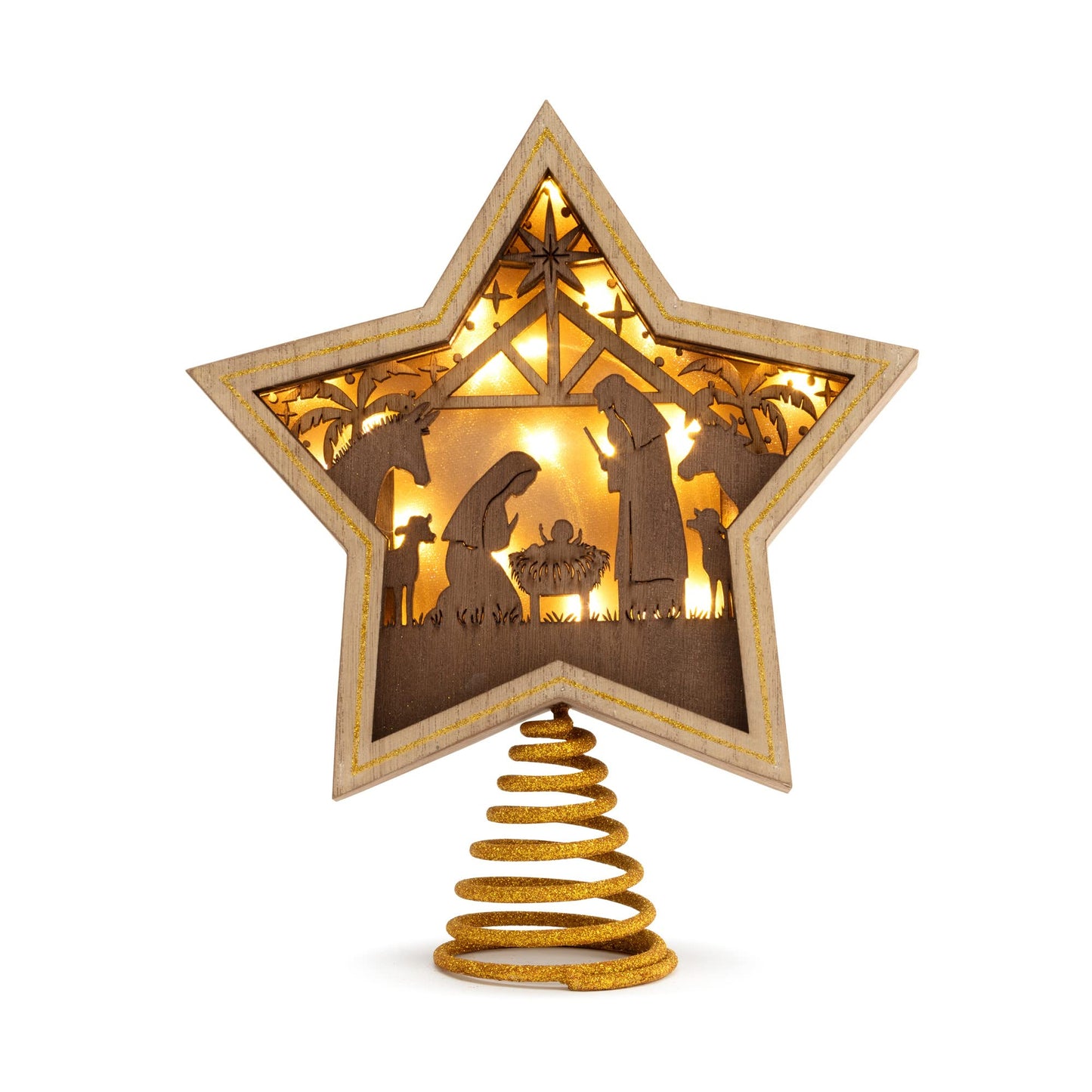 DEMDACO Gold Accented Wooden Star with Cutout Nativity Scene and Warm LED Shadow Box 10 x 8.5 Inches Christmas Tree Topper