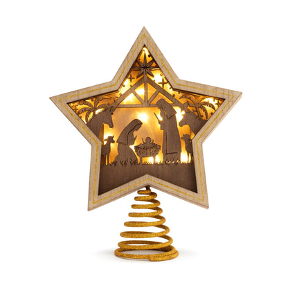 DEMDACO Gold Accented Wooden Star with Cutout Nativity Scene and Warm LED Shadow Box 10 x 8.5 Inches Christmas Tree Topper