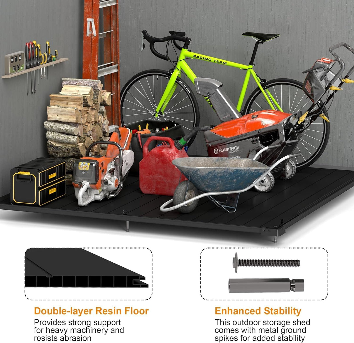ZYJOYY 7.3 x 12 FT Shed Resin Outdoor Storage with Floor, 566 cuft Plastic Shed with Window and Lockable Door for Garden, Backyard, with Wood Texture, Grey ZYJOYY