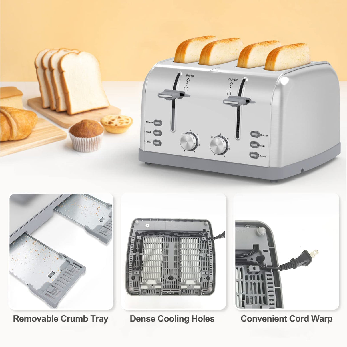 Toaster 4 Slice,Retro Stainless Steel Toater with 7 Shade Settings,Best Prime Toaster for Waffles, 4 Slice Toaster with 3 Mode，Bagels and More Lainsten Toaster T-527 LAINSTEN
