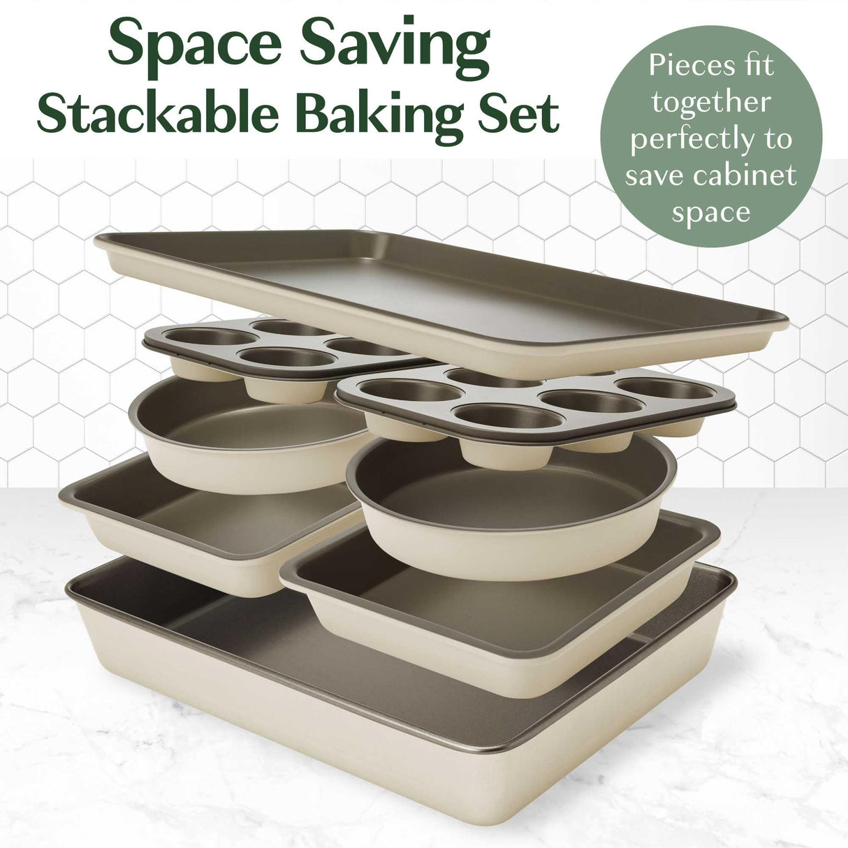 Goodful All-In-One Nonstick Bakeware Set, Stackable and Space Saving Design includes Round and Square Pans, Muffin Pans, Cookie Sheet and Roaster, Dishwasher Safe, 8-Piece, Linen Goodful