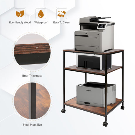 EMERIT Large Printer Stand, 23.6" W x 18.9" D x 31.5" H Printer Table with Adjustable Storage Shelf, 3 Tier Rolling Laser Printer Cart with Wheels for Home Office- Support 100 LBS Each Tier EMERIT