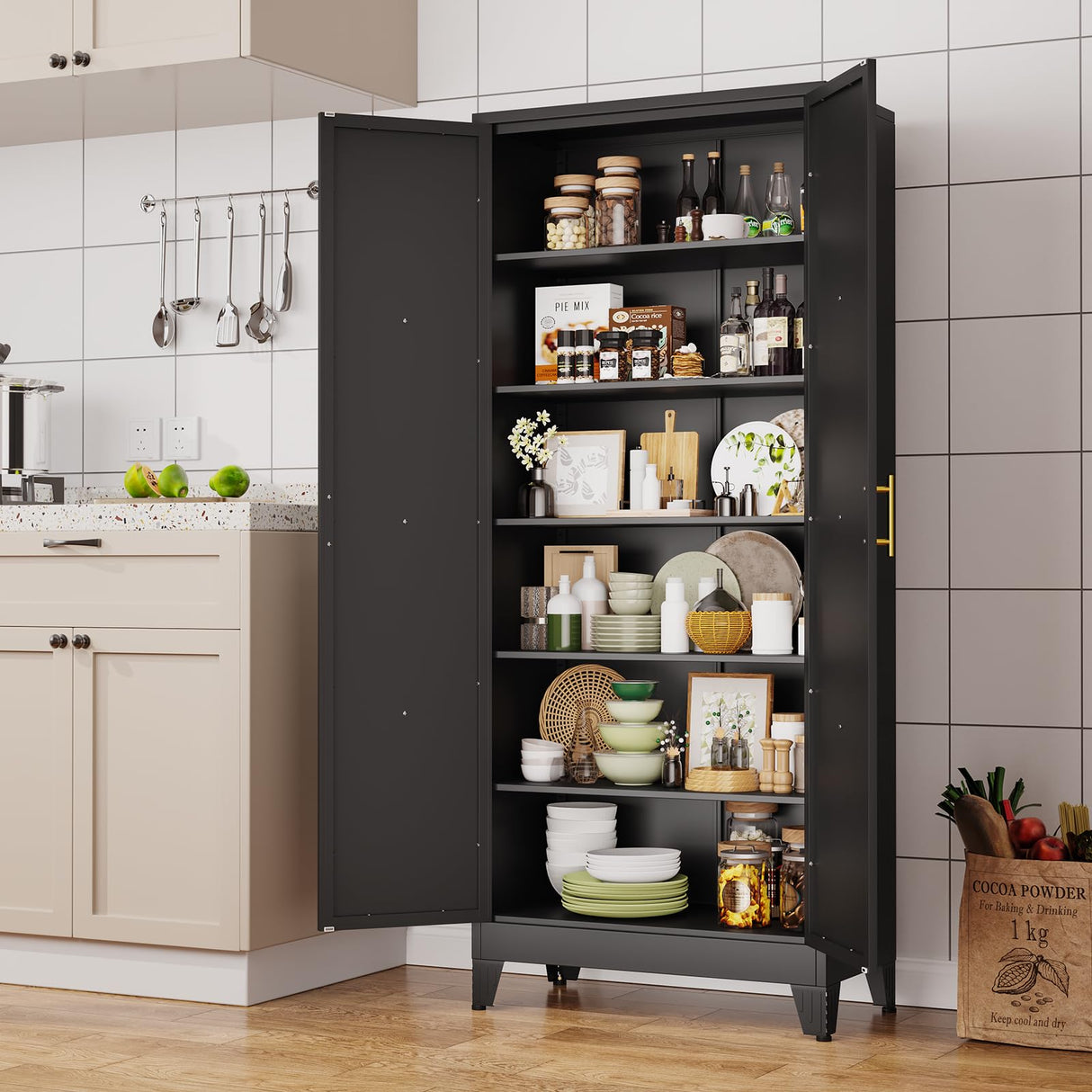 Lusiwry 75" Tall Metal Kitchen Pantry Storage Cabinet, Freestanding Cupboard with 2 Doors and 5 Adjustable Shelves, Standing Storage for Kitchen, Bathroom, Garage, Dinning Room or Utility Room（Black） Lusiwry